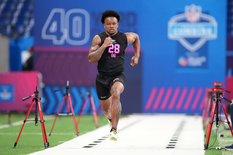 Feb 27, 2026; Indianapolis, IN, USA; Duke defensive back Chandler Rivers (DB28) during the NFL Scouting Combine at Lucas Oil Stadium. Mandatory Credit: Kirby Lee-Imagn Images