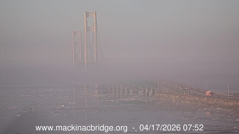 An image of fog hovering around the Mackinac Bridge the morning of April 17, 2026, on the Mackinac Bridge Authority's bridge cam looking south from St. Ignace.
