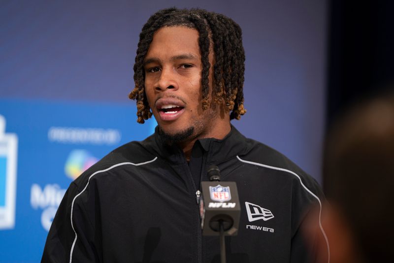 Feb 26, 2026; Indianapolis, IN, USA; Arizona State defensive back Keith Abney II (DB01) speaks to members of the media during the NFL Combine at the Indiana Convention Center. Mandatory Credit: Jacob Musselman-Imagn Images