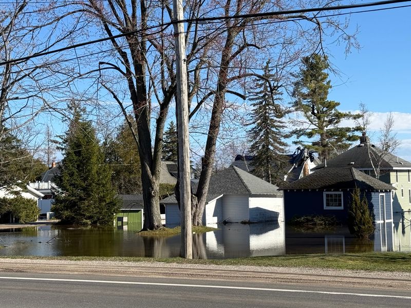 Homes with flooded yards are seen along U.S. 31 in Oden on April 16, 2026.