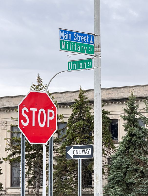 Street signs at the intersection of Military Street and Union Street are shown on April 16, 2026, in Port Huron. The city was studying a potential two-way traffic conversion along Union and Court streets, but has cancelled those plans.