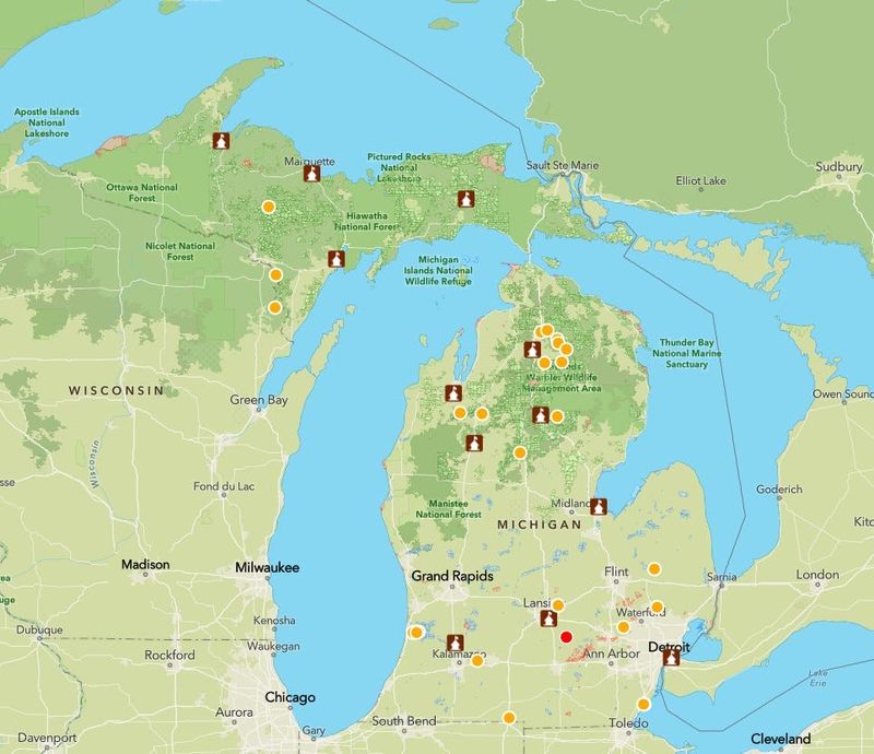 The 2026 "Mi-Morels map" for morel mushroom season in Michigan. Wildfires are indicated with a red dot and prescribed fires are shown with yellow dots. The brown boxes are DNR Customer Service Centers.