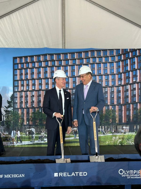 Chris Ilitch and developer Stephen Ross at the groundbreaking for Founders House on April 17, 2026.
