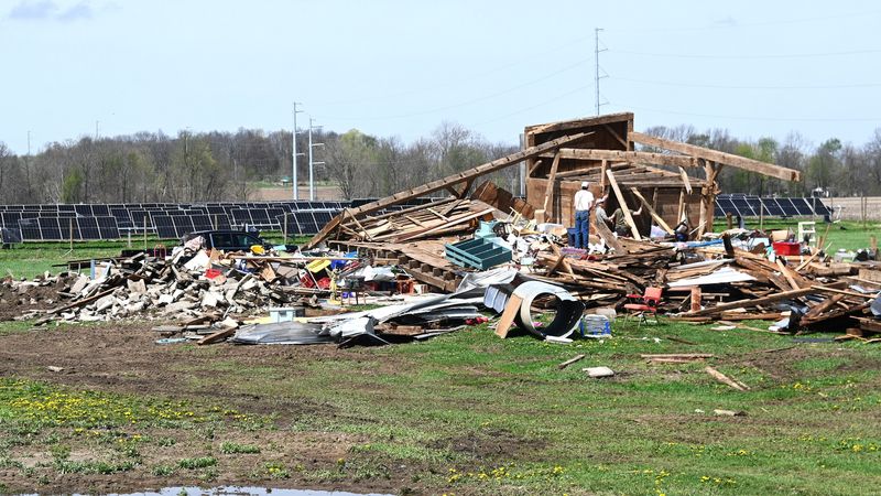 Work continued on Friday, April 17 at the Steve Gaglio farm on Sanford Road to remove debris from the historic 100-year-old plus barn destroyed by the April 15 tornado.