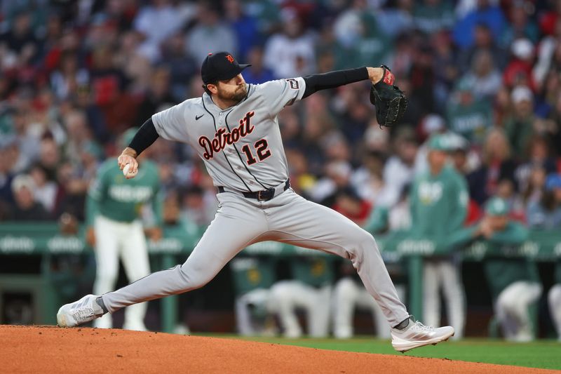 Detroit Tigers starting pitcher Casey Mize (12) delivers a pitch during the first inning against the Boston Red Sox at Fenway Park in Boston on Friday, April 17, 2026.