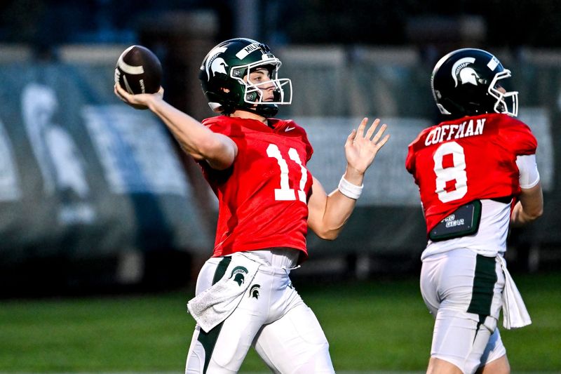 Michigan State's Alessio Milivojevic throws a pass during spring football practice on Tuesday, April 14, 2026, in East Lansing.