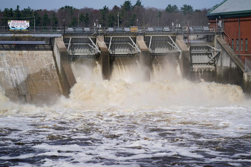 The Croton Dam in Newaygo County still has the rushing waters of the Muskegon River flowing through it on Friday, April 17, 2026. The Muskegon River is still flooding many areas in its path.