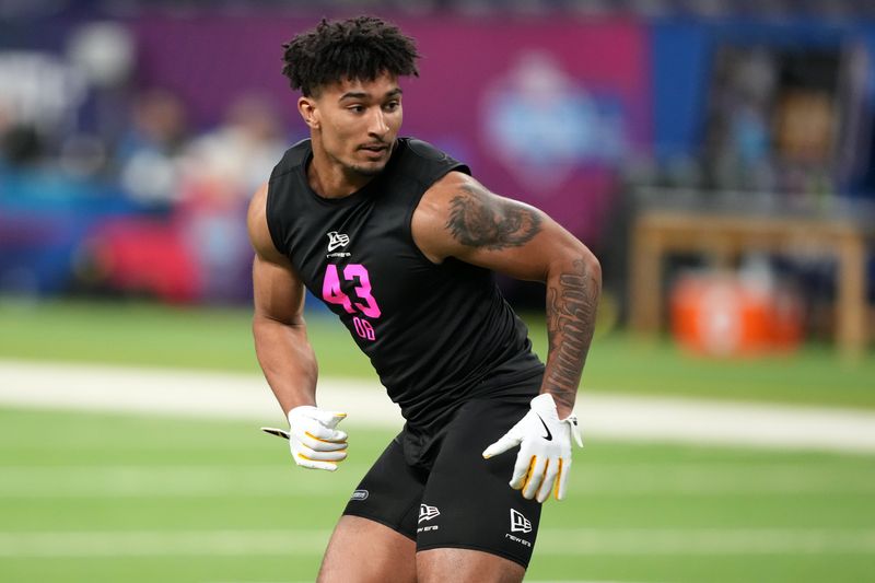Feb 27, 2026; Indianapolis, IN, USA; Iowa defensive back Xavier Nwankpa (DB43) during the NFL Scouting Combine at Lucas Oil Stadium. Mandatory Credit: Kirby Lee-Imagn Images