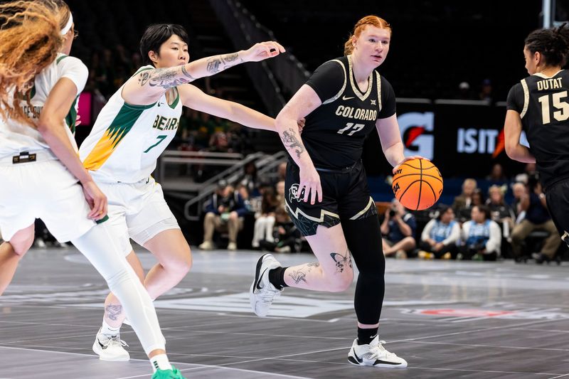 Mar 6, 2026; Kansas City, MO, USA; Colorado Buffaloes forward Tabitha Betson (17) brings the ball up the court against the Baylor Bears during the second half at T-Mobile Center. Mandatory Credit: Nick Tre. Smith-Imagn Images