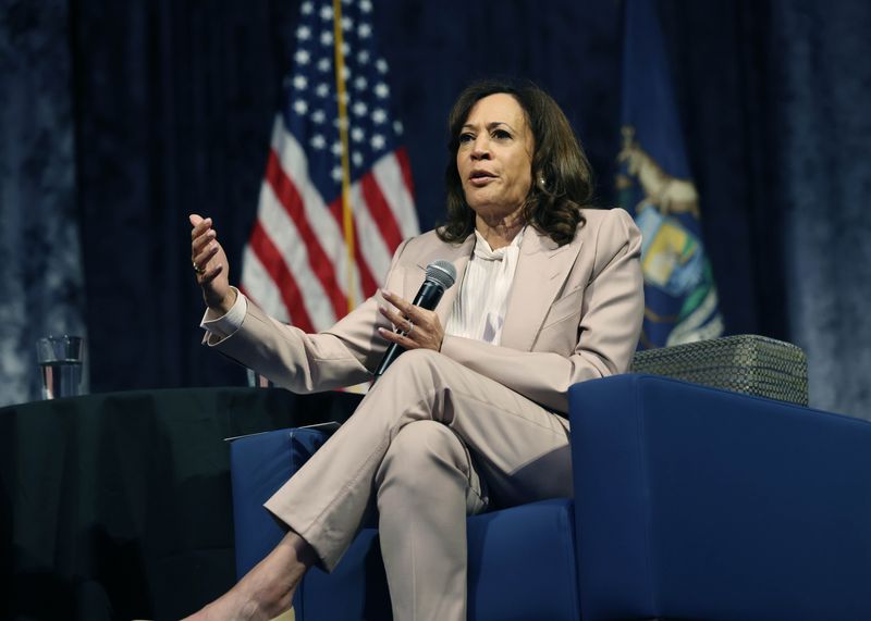 Former Vice President Kamala Harris addresses the Women’s Caucus Luncheon at Huntington Place, Saturday, April 18, 2026 in Detroit. (Carlos Osorio/Special to The Detroit News)