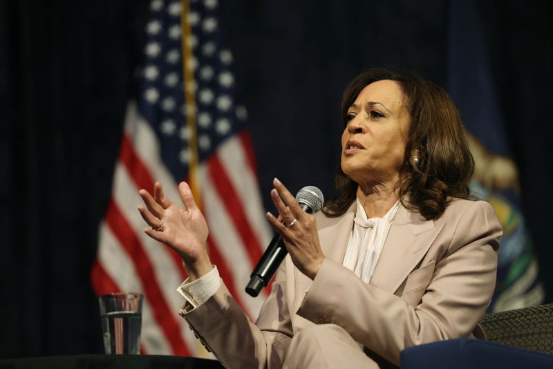 Former Vice President Kamala Harris addresses the Women’s Caucus Luncheon at Huntington Place, Saturday, April 18, 2026 in Detroit. (Carlos Osorio/Special to The Detroit News)
