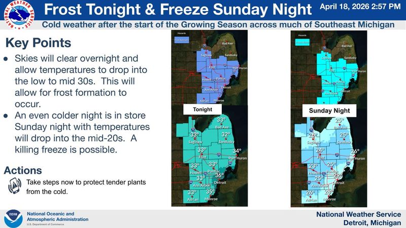 A hard freeze is in the forecast for Monday, April 20, in metro Detroit.