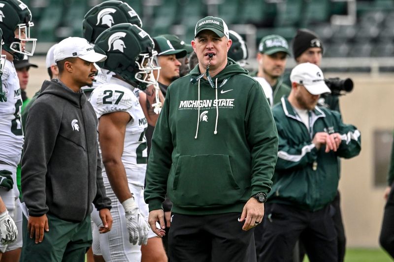 Michigan State's head coach Pat Fitzgerald looks on during the football Spring Showcase on Saturday, April 18, 2026, at Spartan Stadium in East Lansing.
