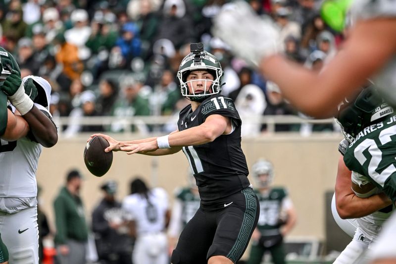 Michigan State's Alessio Milivojevic throws a pass during the football Spring Showcase on Saturday, April 18, 2026, at Spartan Stadium in East Lansing.