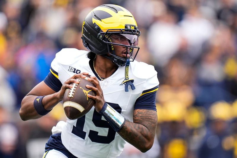 Michigan quarterback Bryce Underwood (19) looks to pass the ball during the spring game at Michigan Stadium in Ann Arbor on Saturday, April 18, 2026.