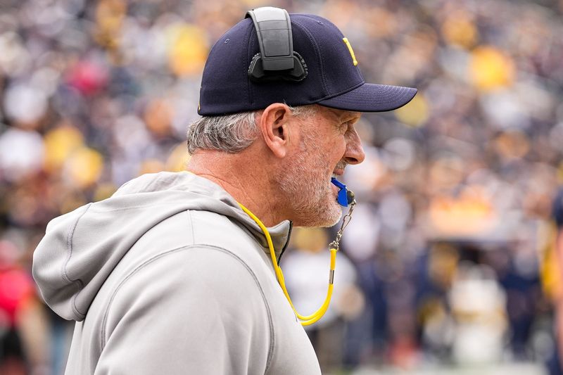 Michigan head coach Kyle Whittingham watches a play during the spring game at Michigan Stadium in Ann Arbor on Saturday, April 18, 2026.