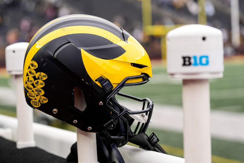 A Michigan football helmet during the spring game at Michigan Stadium in Ann Arbor on Saturday, April 18, 2026.