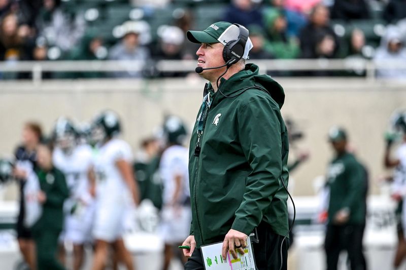 Michigan State's head coach Pat Fitzgerald looks on during the football Spring Showcase on Saturday, April 18, 2026, at Spartan Stadium in East Lansing.