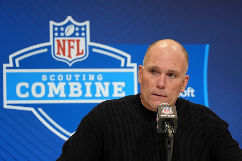 Feb 25, 2025; Indianapolis, IN, USA; Baltimore Ravens general manager Eric DeCosta speaks during the NFL Scouting Combine at the Indiana Convention Center. Mandatory Credit: Kirby Lee-Imagn Images