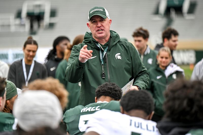 Michigan State's head coach Pat Fitzgerald addresses the team at the end of the football Spring Showcase on Saturday, April 18, 2026, at Spartan Stadium in East Lansing.