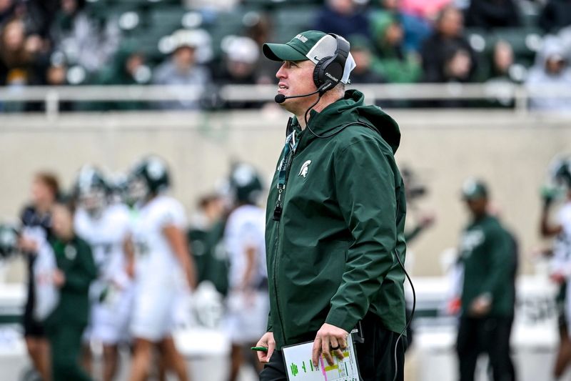 Michigan State's head coach Pat Fitzgerald looks on during the football Spring Showcase on Saturday, April 18, 2026, at Spartan Stadium in East Lansing.
