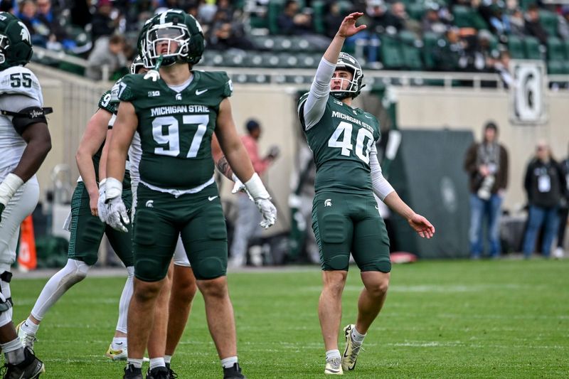 Michigan State's Tarik Ahmetbasic watches the ball after kicking a field goal during the football Spring Showcase on Saturday, April 18, 2026, at Spartan Stadium in East Lansing.