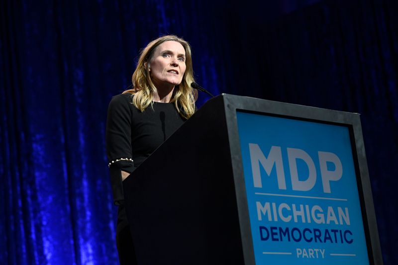 Senate Majority Leader Winnie Brinks addresses the audience during the Legacy Dinner, Saturday, April 18, 2026, at Huntington Place in Detroit.
