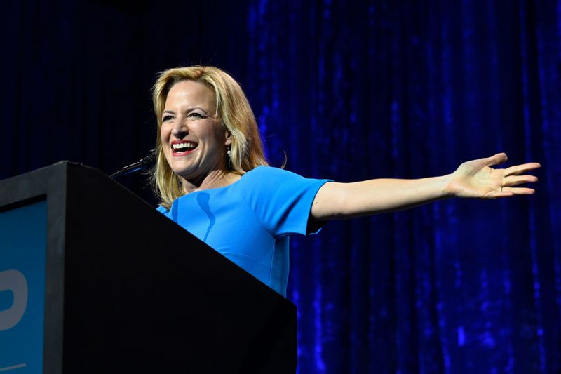 Secretary of State Jocelyn Benson greets the audience during the Legacy Dinner, Saturday, April 18, 2026, at Huntington Place in Detroit.