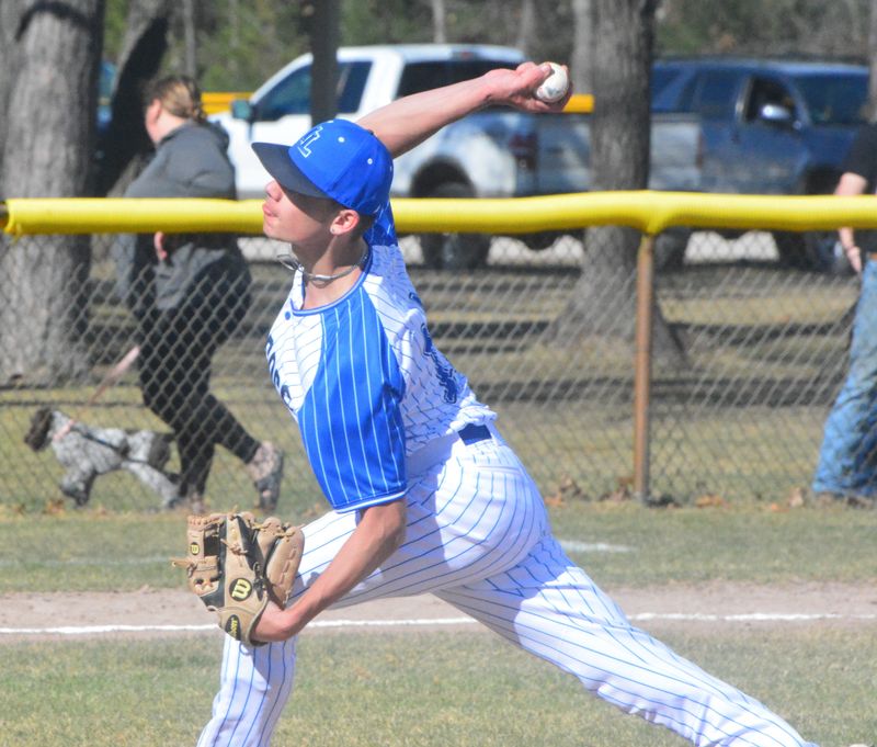 Inland Lakes senior ace Cash DePauw fires during a baseball game against Onaway at Indian River's Cooperation Park on Friday, April 17.