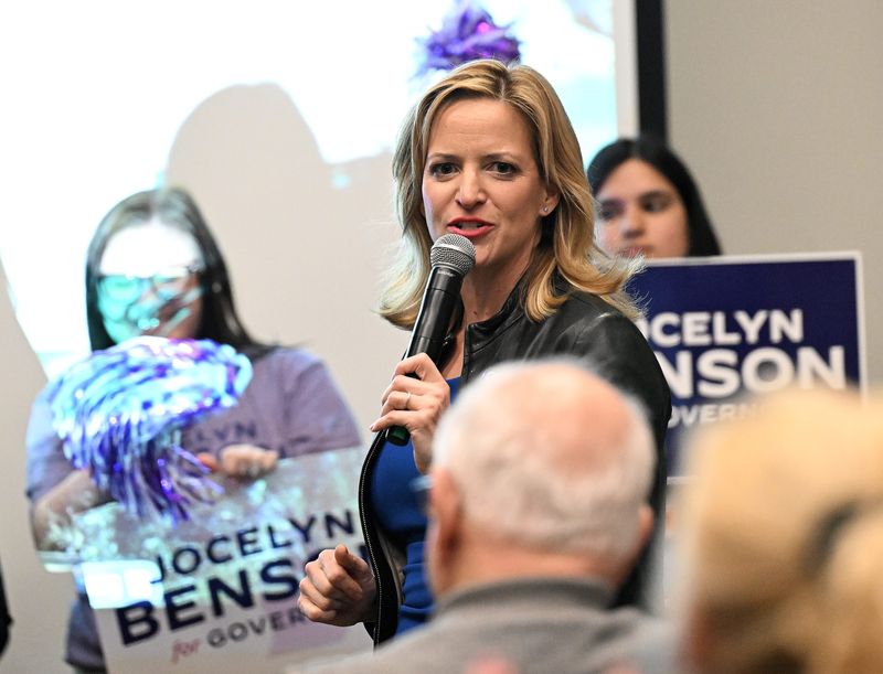 Secretary of State Jocelyn Benson, who is running for governor, speaks to the 10th Congressional District caucus during the Michigan Democratic Party nominating convention at Huntington Place on April 19, 2026 in Detroit.