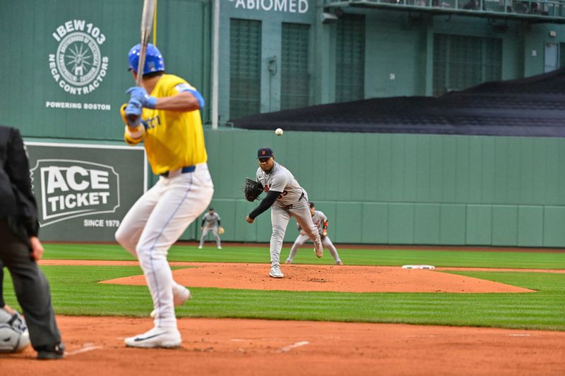 Detroit Tigers starting pitcher Framber Valdez (59) pitches against Boston Red Sox left fielder Roman Anthony (19) during the first inning at Fenway Park in Boston on Sunday, April 19, 2026.