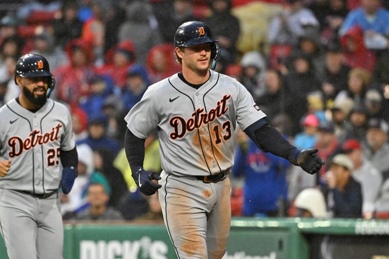 Detroit Tigers catcher Dillon Dingler (13) celebrates his three run home run against the Boston Red Sox during the fifth inning at Fenway Park in Boston on Sunday, April 19, 2026.