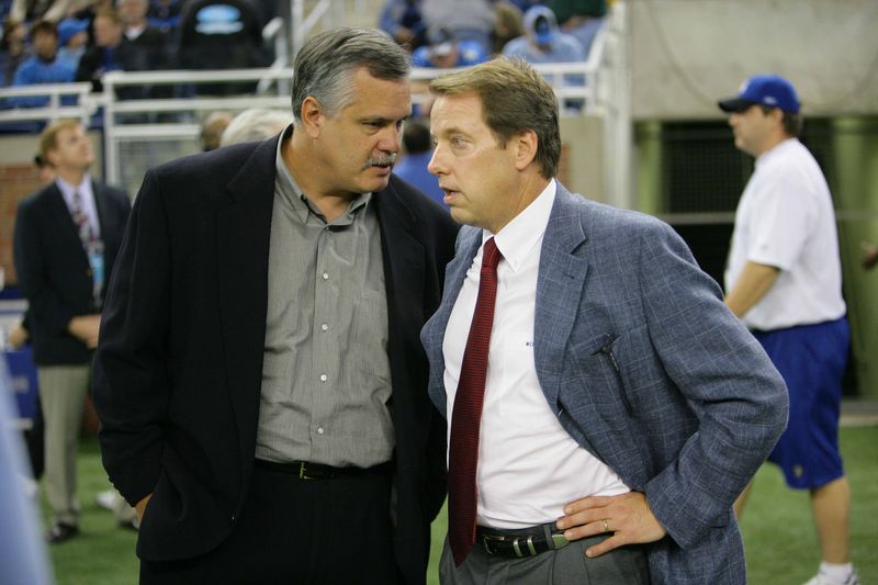 Sep 24, 2006; Detroit, MI, USA; Executive Chairman of the Board of Directors of Ford , William Clay Ford Jr. talks to CEO and President of the Detroit Lions , Matt Millen before the start of the Lions game against the Green Bay Packers at Ford Field. Mandatory Credit: Tom Szczerbowski-USA TODAY Sports Copyright Tom Szczerbowski
