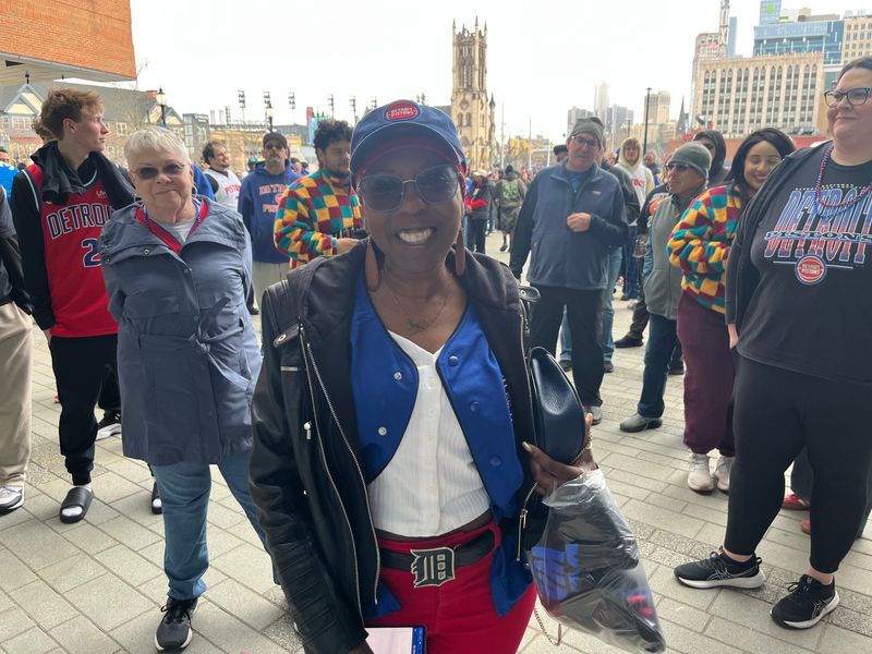 Indigo Zuri of Detroit was first in line to enter Little Caesars Arena on Sunday ahead of the Detroit Pistons' first playoff game. Jennifer Pignolet / The Detroit News
