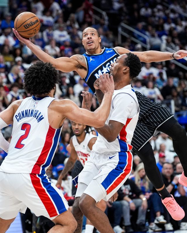 Orlando Magic guard Desmond Bane (3) makes a jump shot against Detroit Pistons during the second half of Game 1 of the first round of the NBA playoffs at Little Caesars Arena in Detroit on Sunday, April 19, 2026.