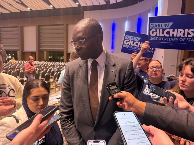 Lt. Gov. Garlin Gilchrist speaks with media after receiving the Democratic endorsement for secretary of state at the Michigan Democratic Party convention at Huntington Place on Sunday, April 19, 2026, in Detroit.