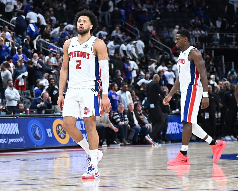 Detroit Pistons guard Cade Cunningham (2) walks off the floor at the end of the game. Detroit Pistons vs Orlando Magic, Round 1/Game 1 at Little Caesars Arena on Sunday, April 19, 2026, in Detroit, Mich