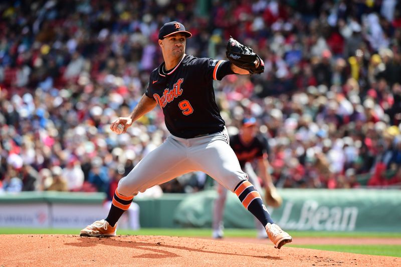 Detroit Tigers starting pitcher Jack Flaherty (9) pitches during the first inning against the Boston Red Sox at Fenway Park in Boston on Monday, April 20, 2026.