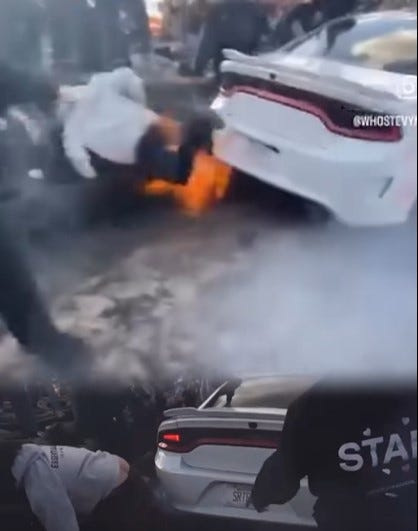 Video shred on social media shows of a person being struck by a drifting car before he caught fire at the Jackson Speedway over the weekend.