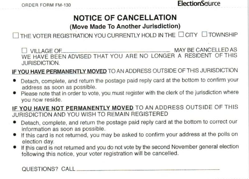Antrim County Clerk Victoria Bishop says she followed guidelines for using voter registration cancellation notices, like this one.