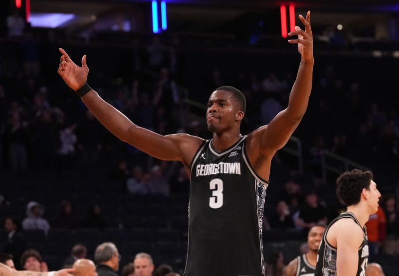 Mar 11, 2026; New York, NY, USA; Georgetown Hoyas center Vincent Iwuchukwu (3) celebrates the win over the DePaul Blue Demons at Madison Square Garden. Mandatory Credit: Robert Deutsch-Imagn Images