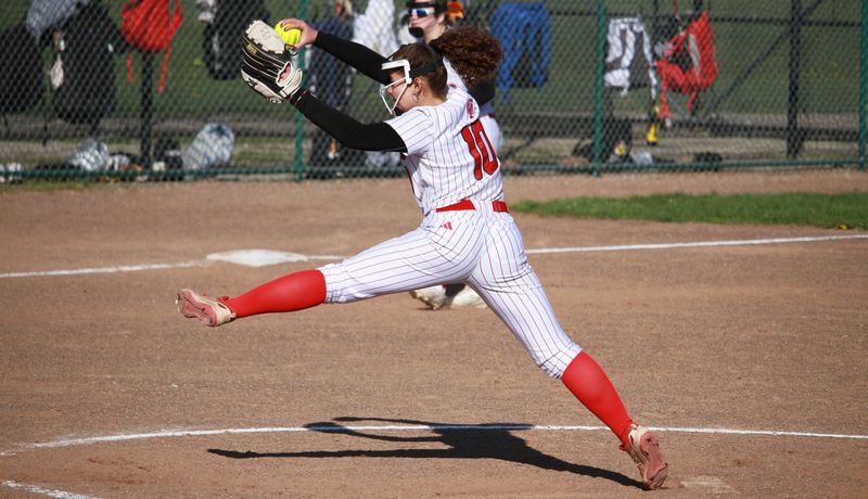 Olivia McMahon pitches for Monroe during a 16-1, 10-0 sweep of Ann Arbor Skyline on Monday, April 20, 2026.