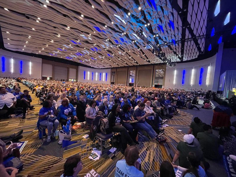 Thousands of Michigan Democrats pack the circular convention hall at Huntington Place on April 19, 2026, for the party's statewide candidate endorsement convention.