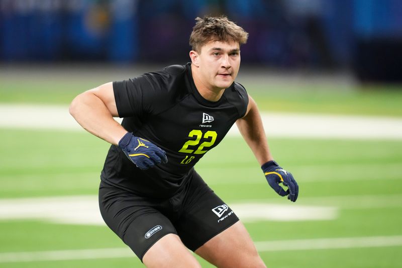 Feb 26, 2026; Indianapolis, IN, USA; Michigan linebacker Jimmy Rolder (LB22) during the NFL Scouting Combine at Lucas Oil Stadium. Mandatory Credit: Kirby Lee-Imagn Images