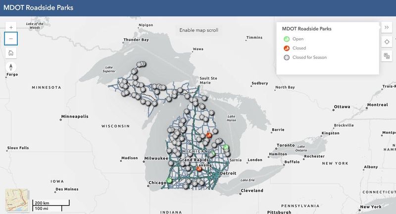 MDOT Roadside Parks map shows locations closed for the season in grey, opened in green and closed in red.