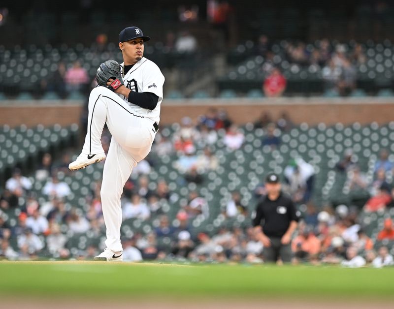 Tigers pitcher Keider Montero delivers a pitch in the first inning. Detroit Tigers take on the Milwaukee Brewers on April 21, 2026 at Comerica Park in Detroit.