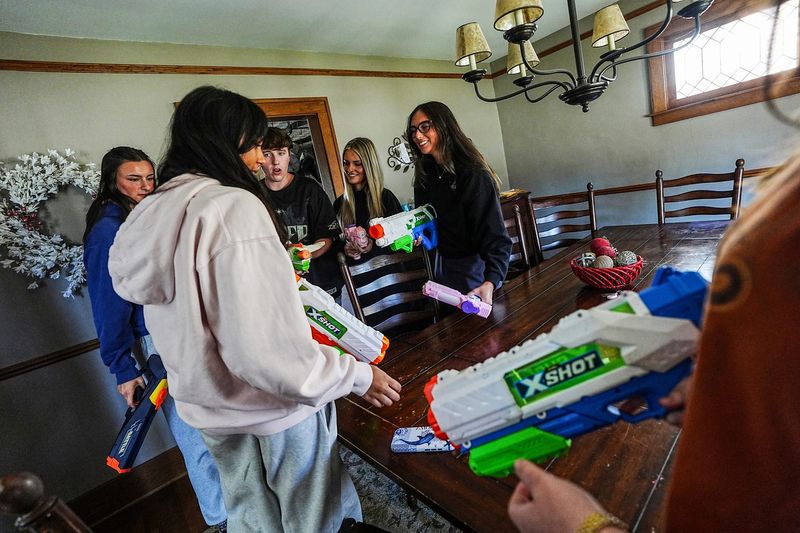 Tali Dines, Brianna Roeder, Noah Golembiewski, Josi Esker, and Olesya Soucie, are all seniors at Berkley High School and are members of the Wet and Wanted team competing in the water wars, a bracket-style elimination game, on Monday, April 20, 2026. The popular senior game includes water guns and a cash prize up to $850, but it is not sanctioned by the school.