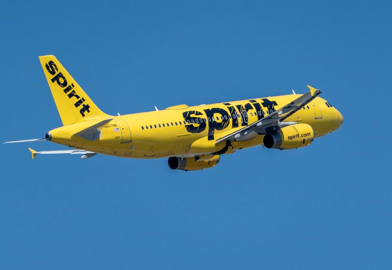 A Spirit Airlines jet takes off from Palm Beach International Airport on March 26, 2026, in West Palm Beach, Florida.