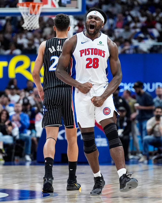 Detroit Pistons forward Isaiah Stewart (28) celebrates a play against Orlando Magic during the first half of Game 2 of the first round of the NBA playoffs at Little Caesars Arena in Detroit on Wednesday, April 22, 2026.