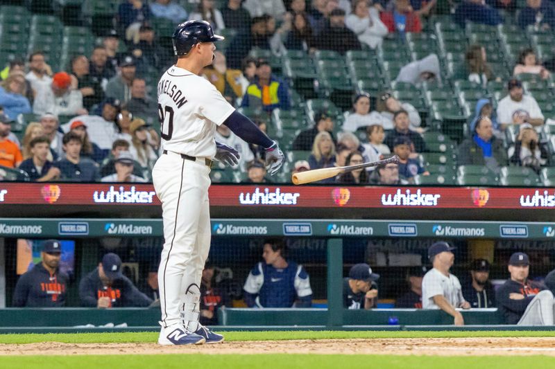 Tigers first baseman Spencer Torkelson (20) reacts after striking out during the eighth inning against the Brewers at Comerica Park.
